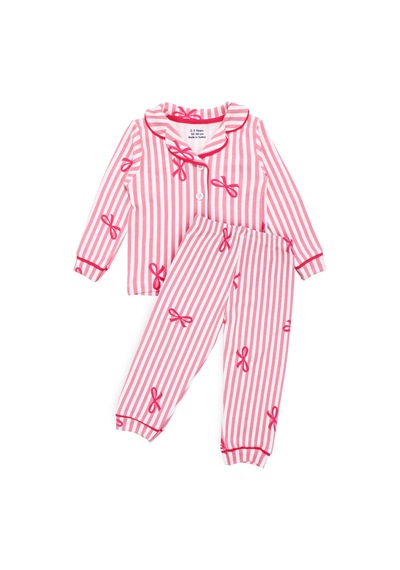 By Bebekodam Kız Bebek Beyaz Pembe Fiyonklu Çizgili Pijama Takımı