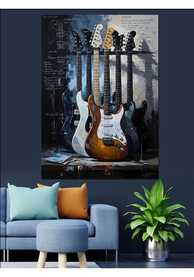 Ahşap Tablo Duvara Yaslanmış Dörtlü Gitar Seti