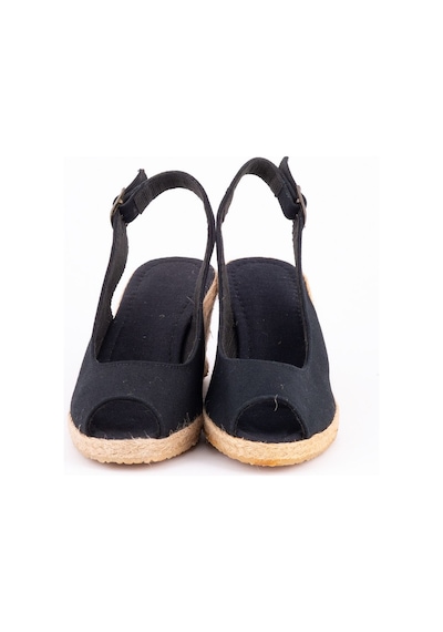 Star Tombis Gerçek Elişi Burnu Açık Arkası Bantlı Dolgu Topuk Siyah Keten Hasır Espadril Handmade Siyah
