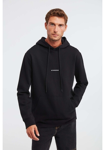 Grımelange Epic  Erkek Yumusaçık Kumaşlı Kapüşonlu Kordonlu Regular Fit Nakışlı Siyah Sweatshirt