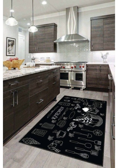 Siyah Kaymaz Taban Yıkanan Kitchen Yazılı Mutfak Halısı Mt09n11