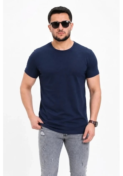 Defymoda Erkek Basic Tişört Bisiklet Yaka Kısa Kol Günlük Yazlık Slim Fit T-shirt - Lacivert