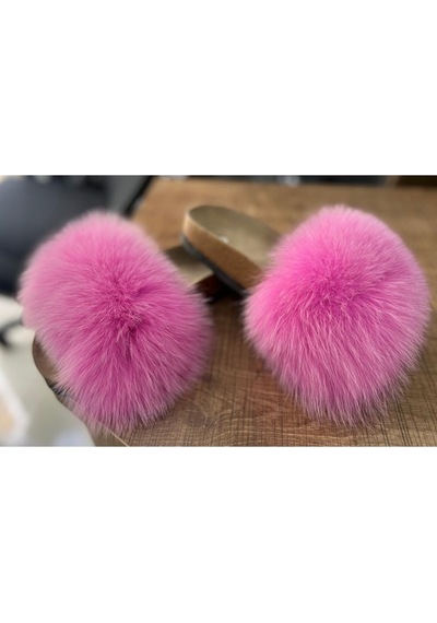 Green Norths Hakiki Deri Hakiki Kürk Kadın Terliği Pembe