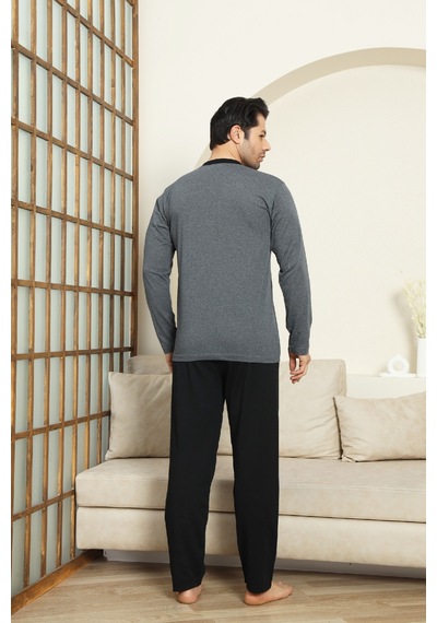Enisena Erkek %100 Pamuklu Pijama Takımı-3 Düğmeli-12440 Füme