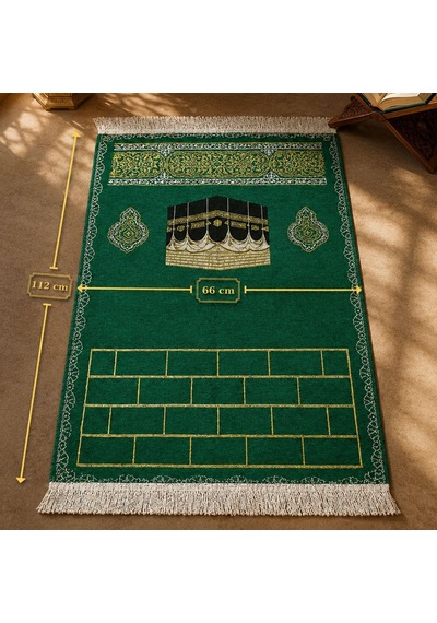 Bk Gift Kişiye Özel Nakış İşlemeli Kabe Motifli Saçaklı Yeşil Renk Hediyelik Seccade