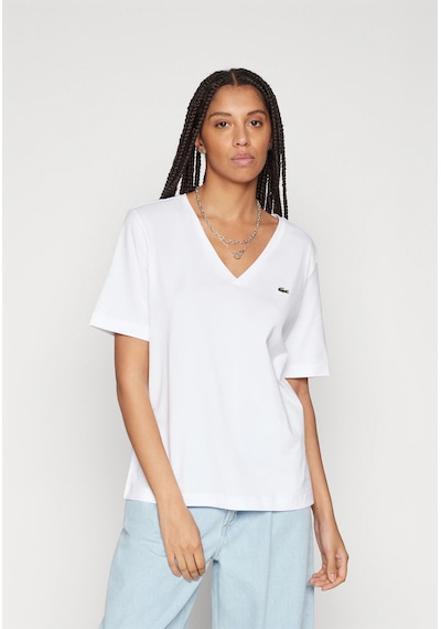 Lacoste Kadın V Yaka T-shirt Classic Logo Nakış Beyaz