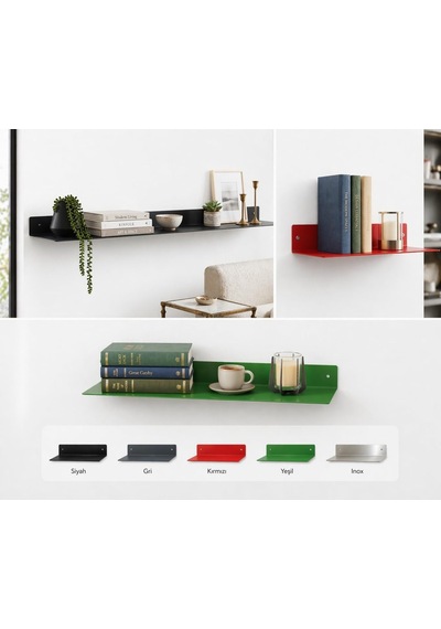 304 Paslanmaz Çelik Duvar Rafı Dekoratif Metal Raf Modern Tasarım - 60 X 16 - Kırmızı Diğer