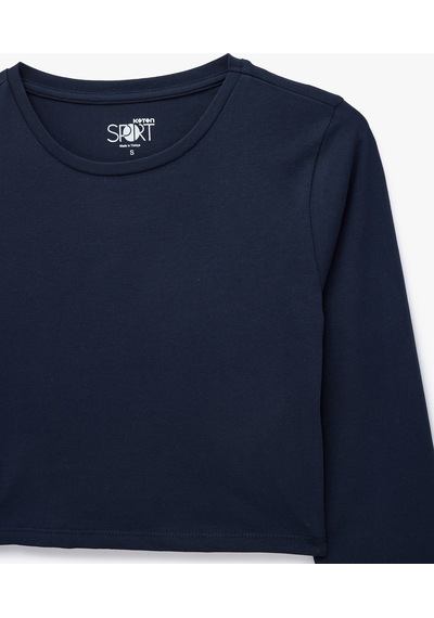 Koton Pamuklu Bisiklet Yaka Uzun Kollu Crop Spor Tişört Lacivert 7wak10097nk