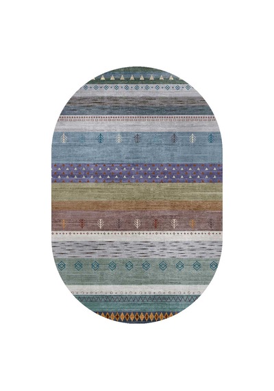 Etnik Kilim Desenli Pamuk Taban Yıkanabilir Baskılı Oval Halı Mavi