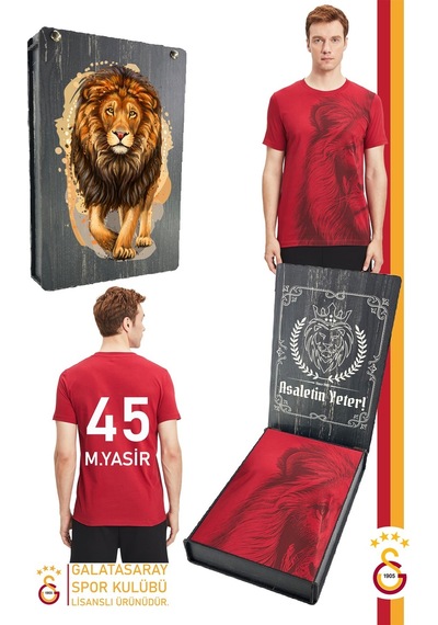 Gsstore Galatasaray Lisanslı Aslan Baskılı Kişiye Özel T-shirt Hediyelik Ahşap Kutulu Kırmızı