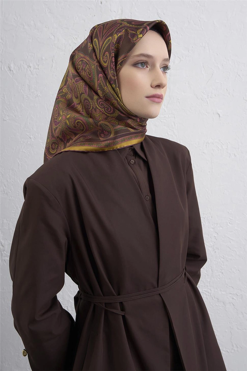 Armine Etnik Desen Saf İpek Twill Eşarp 9421d 81 Hardal