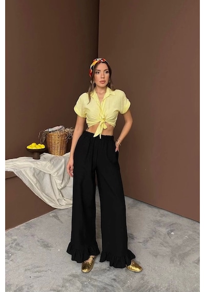 Defymoda Siyah Paçası Fırfırlı Keten Pantolon Siyah