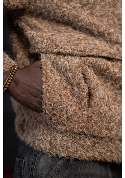 Akçaylar Oversize Crop Model Yan Cepli Astarlı Kırçıllı Mont Kahverengi