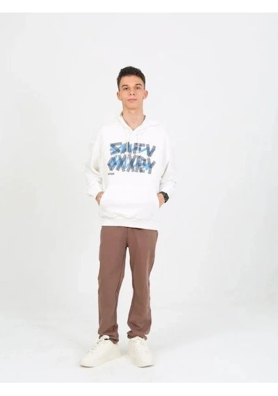 Marions Erkek Çocuk Yazı Detaylı 2 İplik Kapüşonlu Sweatshirt-15229 Ekru