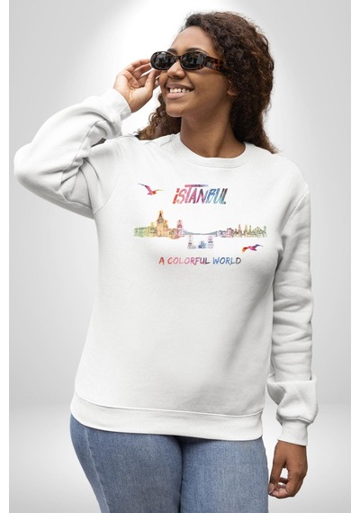 İstanbul Özel Tasarım Unisex Beyaz Sweatshirt Beyaz