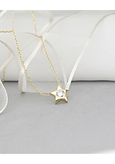 Brezza Lusso Jewelry 18k Serie Oro Tektaş Yıldız Minimal Classical Kadın Gümüş Kolye 45 CM 45 CM