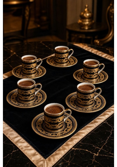 6 Kişilik Siyah Gold Türk Kahvesi Fincan Takımı 12 Parça Lüks Desenli Set Siyah - Gold