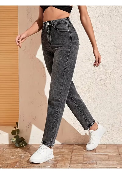 Layal My Beauty Jeannine Kadın Jeans Yüksek Bel Mom Boyfriend Dar Paça Denim Kot Pantolon Füme