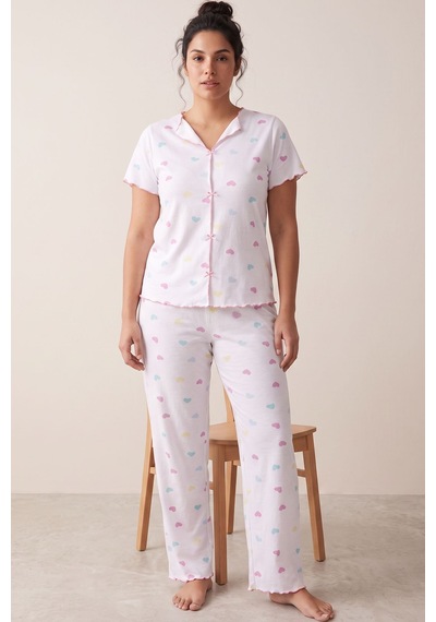 Siyah İnci Beden Fitilli Kaşkorse Örme Pijama Takım26120851 Beyaz Renkli Kalp