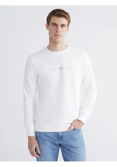 LC Waikiki Lcwaıkıkı Classic Beyaz Bisiklet Yaka Baskılı Erkek Kalın Sweatshirt Ecru