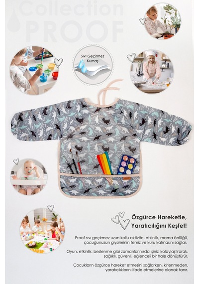Proof Uzun Kollu 6-24 Ay Sıvı Geçirmez Etkinlik Mama Aktivite Anaokul Kreş Bebek Çocuk Önlüğü Junior