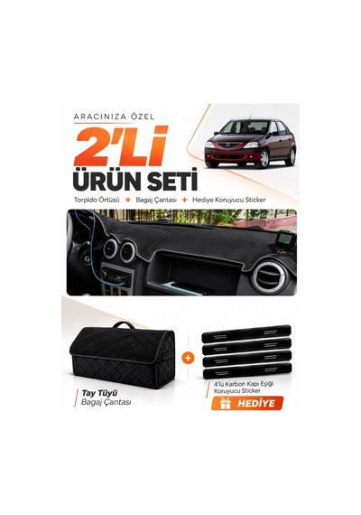 E-biz Dacia Logan 1 2004-2008 Uyumlu Torpido Örtüsü + Tay Tüyü Bagaj Çantası Seti - Siyah - Da006