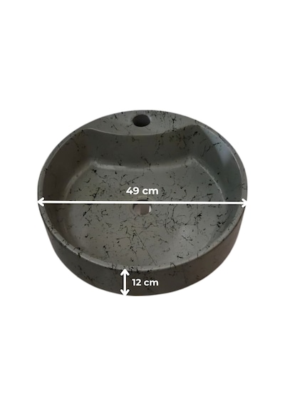 Mermer Desenli Tezgah Üstü Yuvarlak Çanak Taş Lavabo 45 Cm Musluk Delikli Gri