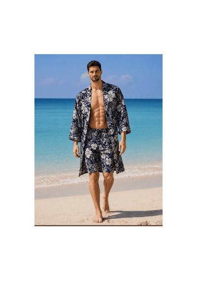 Qmen Style Erkek Kimono Takımı 3 Lü Bambu Set Bornoz + Pantolon + Şort Lacivert