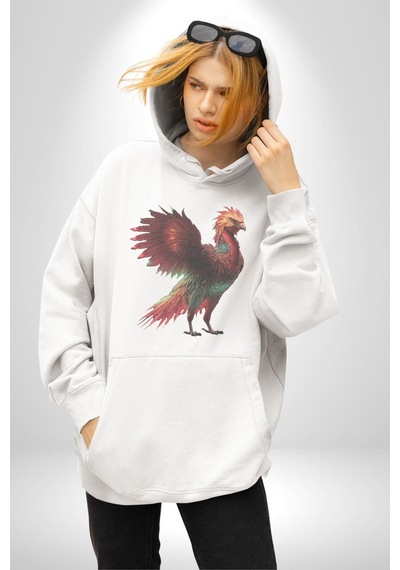Anka Kuşu Ateş Kuşu Kadın Erkek Beyaz Kapüşonlu Sweatshirt Hoodie Beyaz