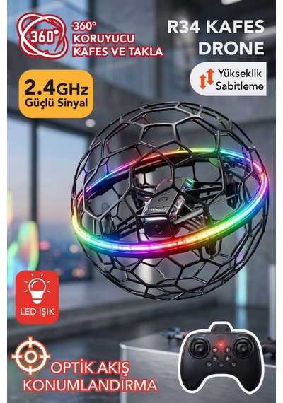 R34 360 Korumalı Futbol Top Drone Hd Kameralı Led Işıklı Yükseklik Sabitlemeli Uzaktan Kumandalı Akıllı Drone
