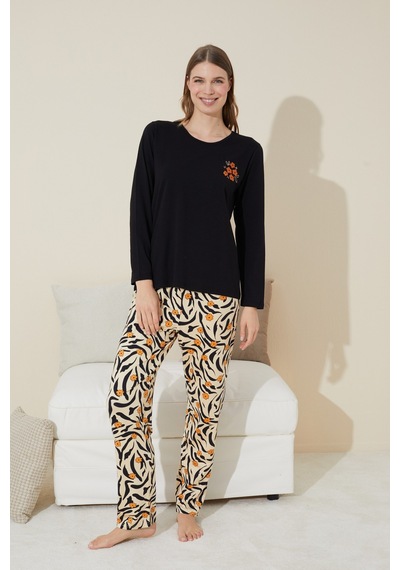 Siyah İnci Pamuklu Örme Pijama Takım 24240106 Siyah