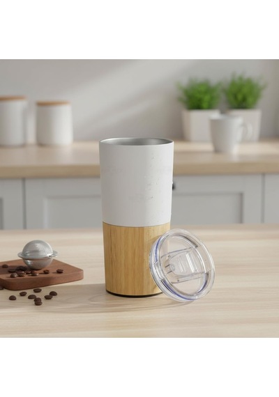 600 Ml Bambu Tabanlı Çelik Termos Mug - 5 Farklı Renk Seçenekli Sıcak Ve Soğuk Tutucu Seyahat Bardağı Beyaz Çok Renkli