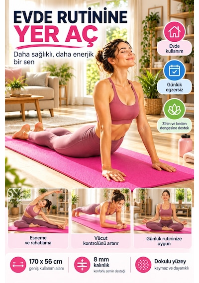 Pembe Pilates Yoga Matı Dokulu Egzersiz Fitness Minderi Evde Spor Ve Esneme Minderi 170x56 Cm 8 Mm Çok Renkli