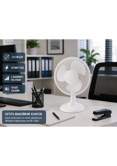 23 Cm Masaüstü Vantilatör 25 Watt 2 Kademeli Hız Ayarlı Sessiz Fan Ev & Ofis Kullanımı