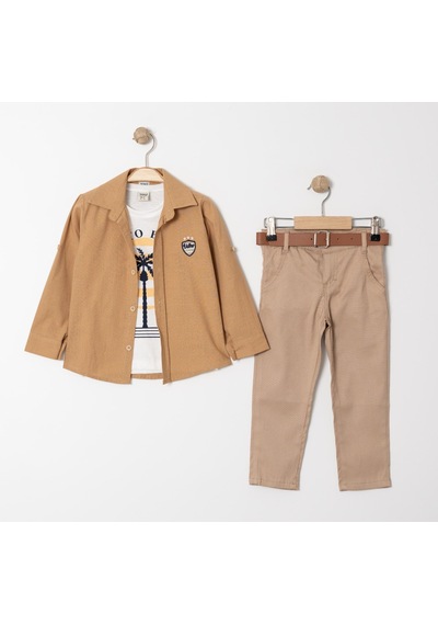 Mnk Baby & Kids Palmiye Baskılı Tişört , Gömlek Ve Pantolon Takım Mnk4136 Hardal