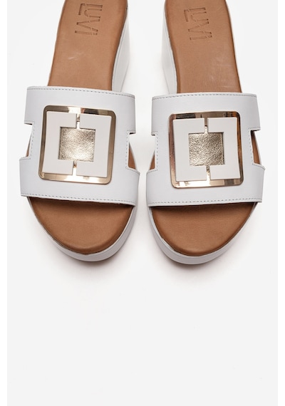 Luvishoes Hıola Beyaz Hakiki Deri Tokalı Kadın Dolgu Topuklu Terlik