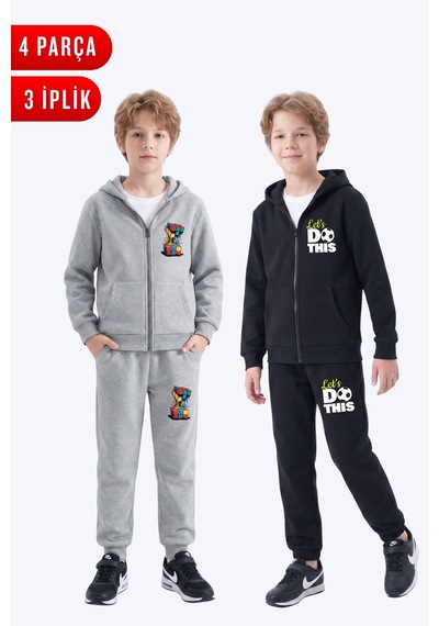 Panios Kids 3 İplik Baskılı Erkek Çocuk Fermuarlı Kapüşonlu 2'li Eşofman Takımı 4 Parça Gri-siyah