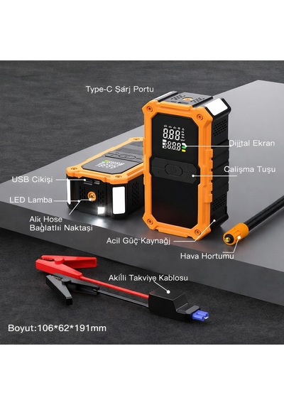 24000mah Akü Takviye Ve Hava Kompresörü 2000amper 14.8v 150psı Powerbank Led 4in1 Profesyonel