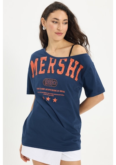 Tudors Kadın Oversize Geniş Kesim %100 Pamuk Kayık Yaka Kısa Kollu Baskılı Lacivert Tişört-50336