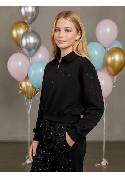 Kız Çocuk Yakası Fermuarlı Kolları Taş İşlemeli Tasarım Sweatshirt-16531 Siyah