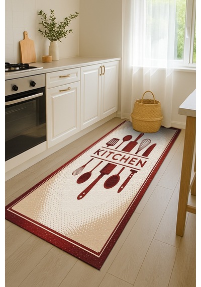Turkıshrug Kıngdom Bordo Kitchen Yazılı Mutfak Halısı Dijital Baskılı, Kolay Temizlenir Çok Renkli