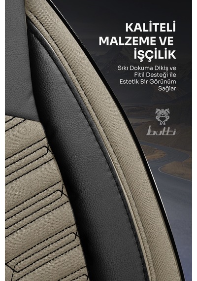 Bej - Siyah Butti Libro Serisi Keten Kumaş Premium Oto Koltuk Kılıfı Destekli, Ön Arka Tam Set
