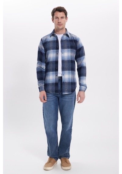 Tudors Erkek Slim Fit Dar Kesim Kareli Kışlık Oduncu Gömlek-42197 Mavi
