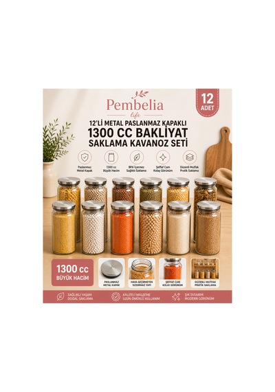 12 Adet 1300 Ml Vakumlu Metal Kapaklı Cam Bakliyat Erzak Saklama Kavanoz Saklama Kabı Gri Gri