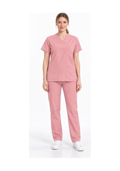 Pembe Kadın Hemşire Ve Doktor Forması V Yaka Rahat Kesim Boru Paça Alt Üst Takım Pembe