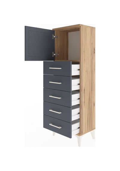 Arges Dolap Tek Raflı 5 Çekmeceli Tek Kapaklı 44x30x134 Çam-antrasit Atlas Çam