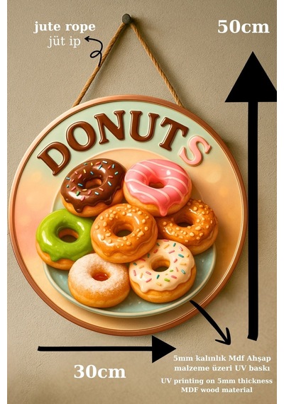 Donut Temalı İpli Ahşap Kapı Duvar Süsü, Pastane, Tatlı Dükkanı, Cafe Tablo Dekoru