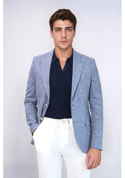 Koyu Mavi Keten Dokulu Gold Renk Metal Düğmeli Slim Fit Erkek Blazer Ceket - Wessi Navy Blue