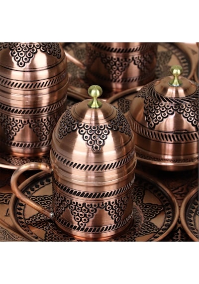 6 Fincanlı Üzüm İşleme Bakır Kahve Takımı