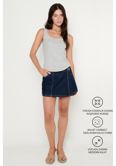 AC&Co / Altınyıldız Classics Kadın Grı Melanj Pamuklu Kaşkorse Yumuşak Dokulu Slim Fit Dar Kesim Bisiklet Yaka Esnek Body Gri Melanj
